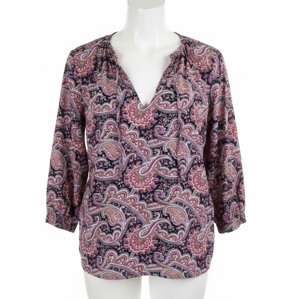 JW Anderson Uniqlo Blouse Womens XS Paisley V-Neck Navy Blue Pink 3/4 Sleeve Top